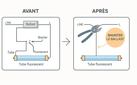 Schéma avant/après : branchement néon LED en série. On coupe le ballast pour le shunter.