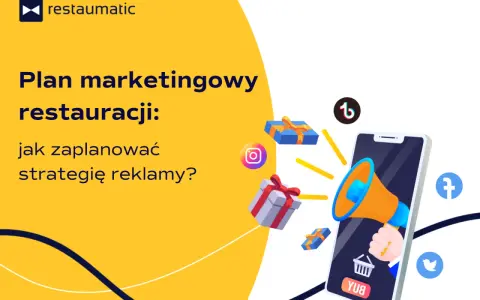 Plan marketingowy restauracji: jak zaplanować strategię reklamy? Grafika pokazuje telefon z głośnikiem, prezenty i ikony mediów społecznościowych.