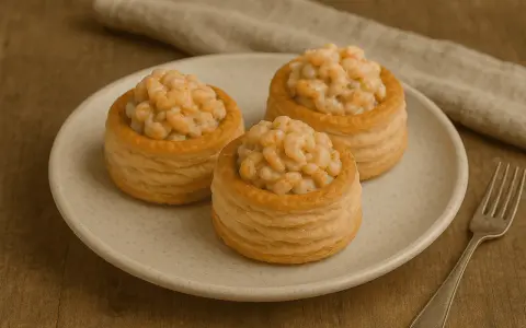 Trzy puszyste vol-au-vent z krewetkami na talerzu, gotowe do degustacji.