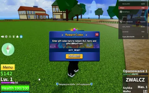Okno "Reward Codes" w grze Blox Fruits, gdzie można wpisać kody do blox fruits, by otrzymać przedmioty i prezenty.