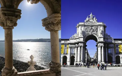 Zwei Ansichten von Lissabon: ein sonniger Blick auf das Meer durch einen steinernen Torbogen und der Triumphbogen Rua Augusta.