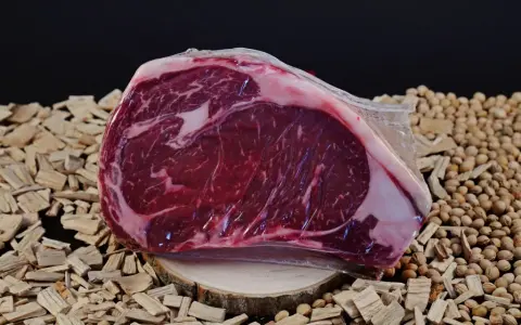 Bistecca di Chianina, un taglio pregiato, pronto per essere cucinato alla tedesca, su un letto di legnetti e noccioli.