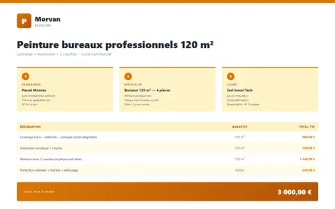 Devis de Pascal Morvan, artiste peintre auto entrepreneur, pour la peinture de bureaux de 120 m². Détails des prestations et tarifs.