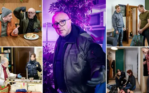 Policja prowadzi śledztwo w sprawie podejrzanej działalności. Widać funkcjonariuszy w akcji, przesłuchania i zabezpieczanie dowodów.