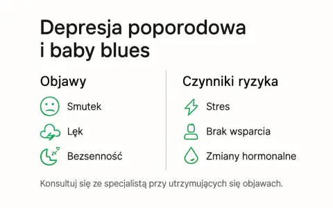 Depresja poporodowa i baby blues: objawy (smutek, lęk, bezsenność) i czynniki ryzyka (stres, brak wsparcia, zmiany hormonalne). Konsultuj się ze specjalistą.