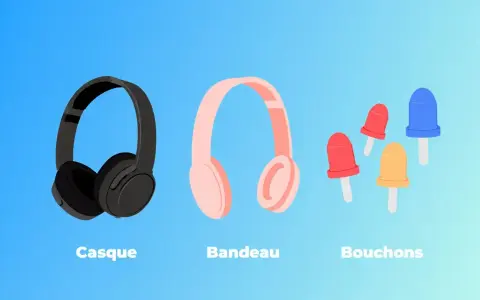 Casque noir, bandeau rose et bouchons colorés pour une isolation sonore parfaite.
