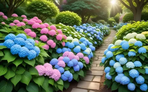 En slingrande stenlagd stig kantad av frodiga hortensior i rosa, blått och vitt. Solen strålar genom träden och skapar en magisk atmosfär, som om hortensia frost dansar i ljuset.