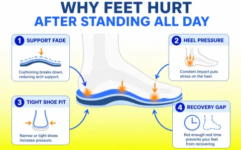 Diagram explains how to relieve foot pain from walking all day: support fade, heel pressure, tight shoe fit, and recovery gap.