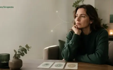 Kobieta zamyślona przy stole, na którym leżą karty z symbolami. Może to być sesja z terapeutą lub psychologiem.