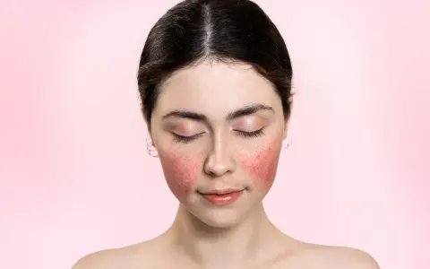 Visage d'une jeune femme aux joues marquées par une plaque rouge, les yeux fermés, sur fond rose doux.