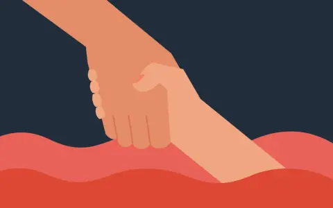 Dłoń wyciągnięta z czerwonej otchłani, by pomóc osobie destrukcyjnej.