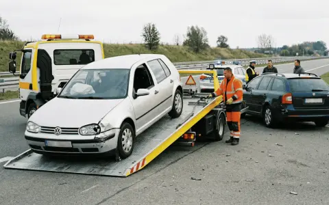 Holowanie uszkodzonego samochodu na lawetę, obok stoi policja i drugi samochód.