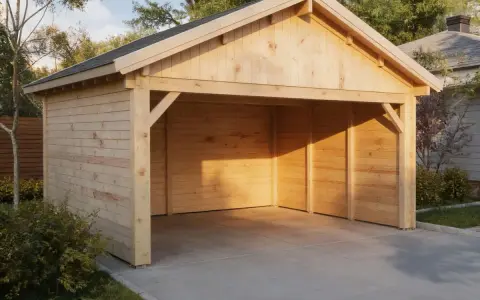 Carport en bois clair, offrant une belle surface de plancher pour abriter un véhicule. L'ombre du soleil couchant joue sur les lattes.