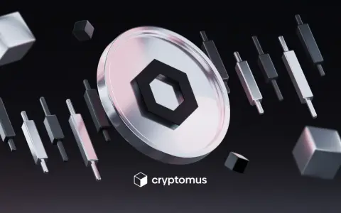 Srebrna moneta z symbolem kryptowaluty, świece wykresu i kostki. Analiza chainlink prognozy.