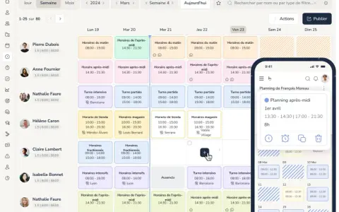 Un planificateur d'application affiche un calendrier hebdomadaire avec des horaires pour plusieurs employés. Une vue mobile montre un planning détaillé.