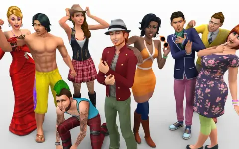 Grupa postaci z gry Sims 4, w tym kobiety w czerwonej sukni i w stroju kowbojki, mężczyźni o wyrzeźbionych ciałach, w marynarkach i z irokezem. Wszyscy wyglądają jakby byli stworzeni przez graczy, którzy lubią simsy 4 mody.