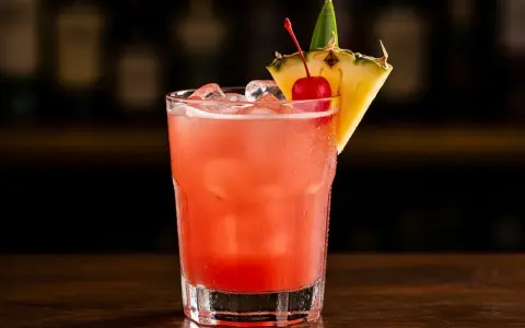 En rosa Singapore Sling med is, garnerad med en körsbär och ananasskiva.