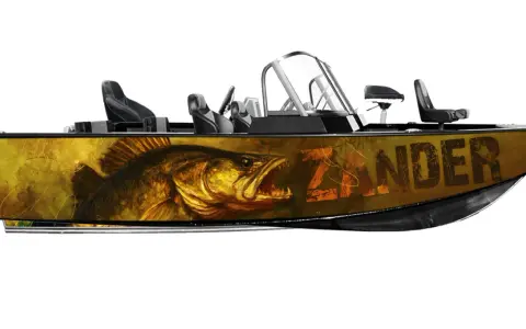 Łódź z grafiką drapieżnej ryby i napisem "ZANDER". Idealna dla wędkarzy szukających najlepszych łowisk.