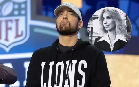 Eminem jako muzyk, w czarnej bluzie z kapturem z napisem "LIONS", obok okrągłego zdjęcia kobiety.