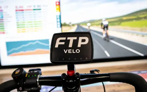 Écran d'entraînement cycliste affichant des données et une course virtuelle. Le logo FTP VELO est bien visible, prêt pour un entraînement de cycliste pro.