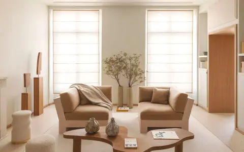 Soggiorno in stile feng shui casa: divani accoglienti, vasi decorativi e sculture in legno creano un'atmosfera serena e armoniosa.