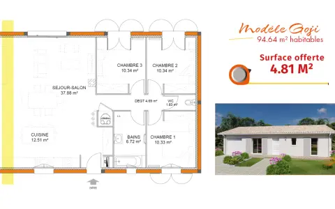 Plan de maison simple et jolie : modèle Goji, 94.64 m², avec séjour-salon, cuisine, 3 chambres, bains et WC.