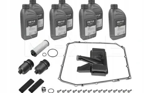 Zestaw do audi a4 b8 wymiana oleju w skrzyni manualnej: 4 butelki oleju MEYLE ATF SGO S, filtr, uszczelka miski olejowej, sitko, śruby.