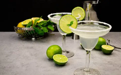 Zwei Margaritas mit Salzrand, garniert mit Limettenscheiben und Minze. Limetten und Minze in einer Schale im Hintergrund. Perfekt für ein Margarita Rezept.