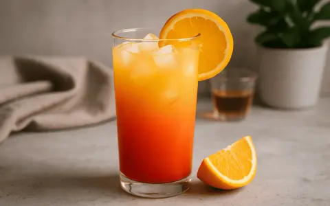 Kolorowy drink tequila sunrise z lodem i plasterkiem pomarańczy, idealny na letnie popołudnie.