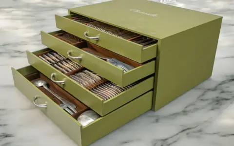 Coffret vert olive Christofle contenant des couverts en argent. Quelle est la valeur d'une ménagère en argent ? Un trésor familial.