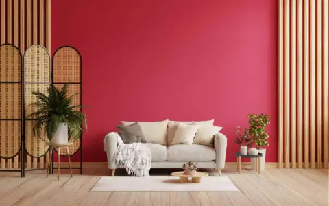 Un divano chiaro su un tappeto bianco, con una parete di un vivace viva magenta. Piante verdi e divisori in rattan completano l'arredamento.