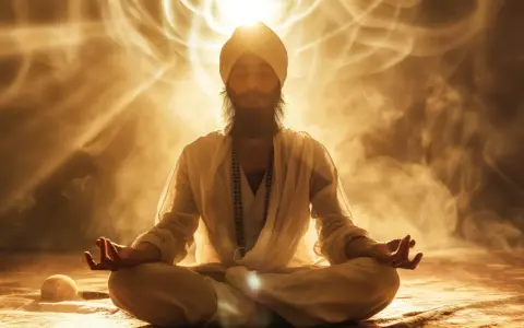 Man i turban sitter i lotusställning, omgiven av gyllene ljus och rök. Hans ögon är slutna, händerna i meditation. En känsla av kundalini energi strålar ut.