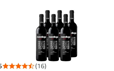 Seis botellas de vino tinto Monólogo Crianza. Las etiquetas muestran "Para gente que dice lo que piensa y piensa lo que dice". Opiniones positivas.