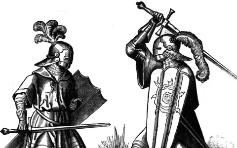 Zwei page ritter in voller Rüstung mit Federschmuck auf den Helmen und Schwertern in den Händen, bereit zum Kampf.