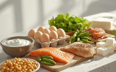 Zdrowe produkty bogate w białko: łosoś, kurczak, jajka, jogurt, ciecierzyca, fasolka, ser. Kluczowe składniki dla diety zapobiegającej sarkopenii.