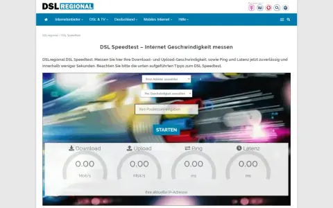 Internet langsam? Was tun? DSLregional Speedtest misst Download, Upload, Ping & Latenz. Eingabe von Anbieter, Geschwindigkeit & PLZ.