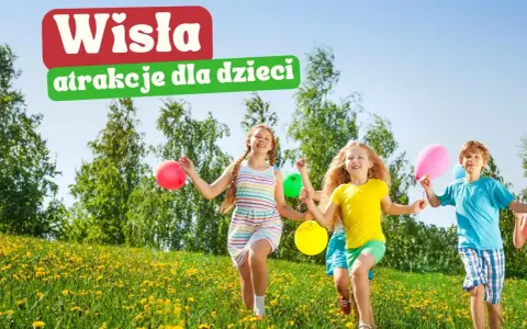 Radosne dzieci biegają po łące pełnej mleczy, trzymając kolorowe balony. Wisła oferuje mnóstwo atrakcji dla dzieci, które sprawią im mnóstwo radości.