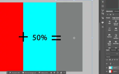 Rosso e ciano, **colori complementari**, uniti al 50% creano un grigio neutro, come mostrato nell'interfaccia di un software di editing.