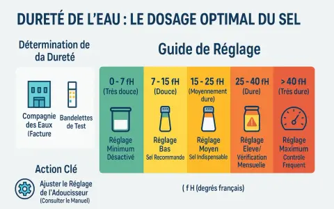 Guide pour ajuster le sel de votre adoucisseur d'eau selon sa dureté. L'eau moyennement dure (15-25 fH) nécessite un réglage moyen et du sel indispensable.