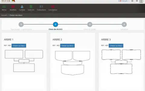 Interface logicielle pour créer un arbre famille. Trois modèles d'arbres sont proposés : ARBRE 1, ARBRE 2 et ARBRE 3.