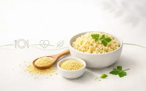 Kasza kuskus w miseczkach i na łyżce, symbolizująca zdrowy posiłek. Niska zawartość kcal czyni ją idealnym wyborem.