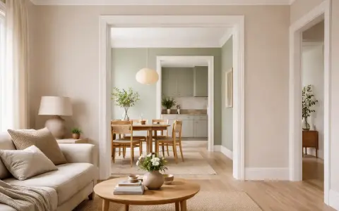 En ljus och harmonisk inredning med en bekväm soffa, ett runt soffbord och en matplats med gröna väggar.