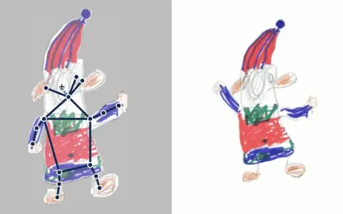 Dessin d'animation : un personnage enfantin avec un squelette numérique superposé, prêt à bouger.