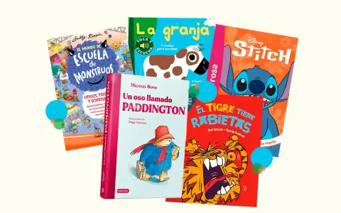 Diversos tipos de libros para niños: "El mundo de la escuela de monstruos", "La granja", "Stitch", "Un oso llamado Paddington" y "El tigre tiene rabietas".