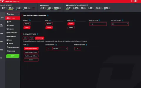 Configuration d'un test de stress CPU + RAM, avec options pour le jeu de données, le mode, le type de charge, et les paramètres de thread pour évaluer la performance.