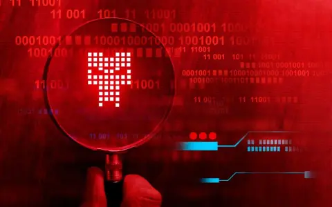 Pod lupą widać symbol przypominający czaszkę, symbolizujący **malware**. Tło to czerwony kod binarny, sugerujący zagrożenie cyfrowe.
