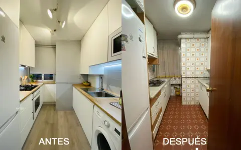 Cocina renovada: antes con azulejos anticuados, después con un diseño moderno y minimalista. ¡Descubre las últimas tendencias en azulejos para cocinas!