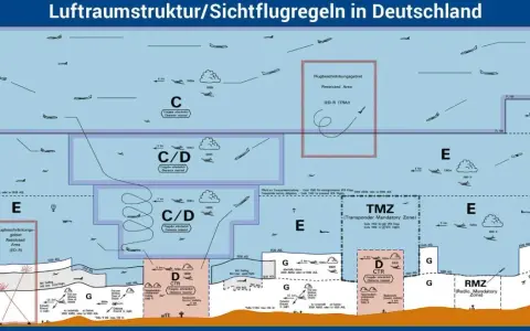 Luftraumstruktur in Deutschland: verschiedene Lufträume (C, D, E, G) und Zonen (TMZ, RMZ) mit Flugzeugen und Höhenangaben.