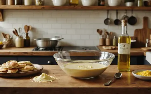 Préparation de crêpes : pâte dans un bol, pile de crêpes, et une bouteille d'huile d'olive. Quelle huile pour les crêpes ? L'huile d'olive est une option.