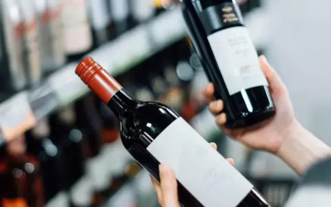 Manos sostienen dos botellas de vinos caros, una con etiqueta blanca y otra con etiqueta negra, en un pasillo de supermercado.